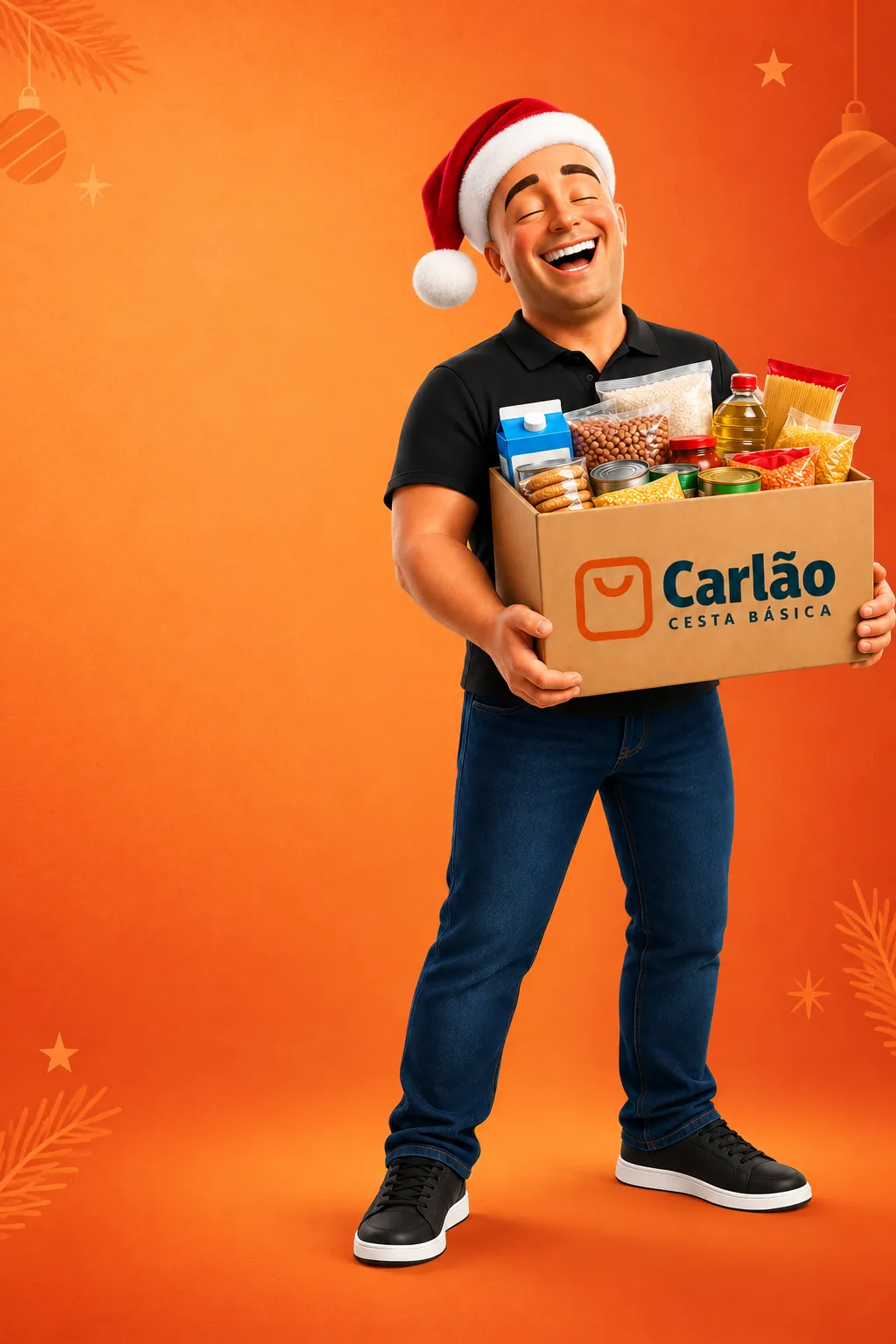Personagem Carlão vestido para o Natal segurando uma cesta da marca